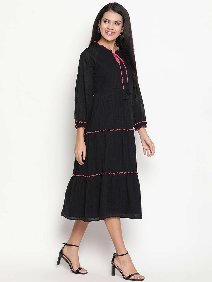 draw-string neck self design a-line dress - 18151847 -  Standard Image - 1