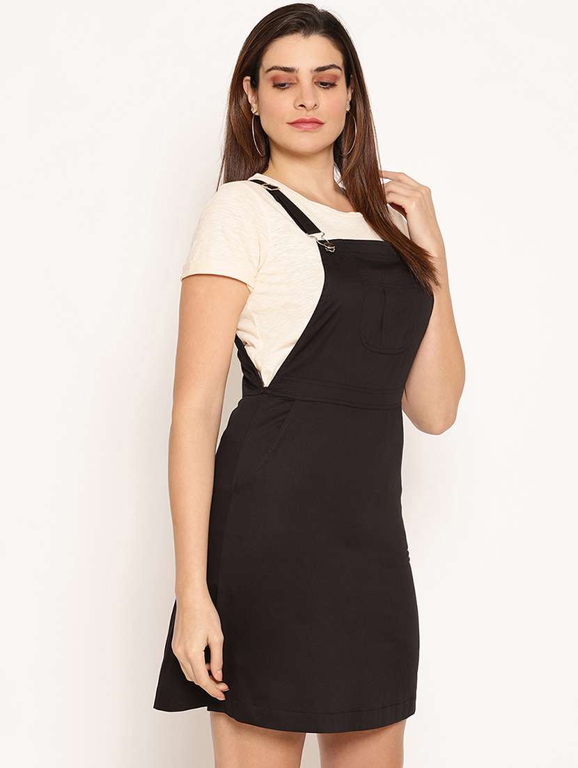 front pocket solid pinafore dress - 18151855 - Standard Image - 1