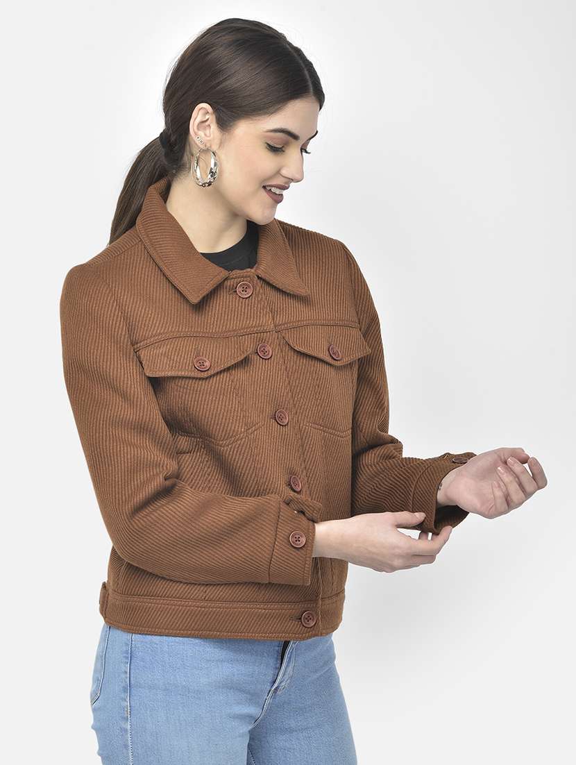 women brown solid shirt collar jacket - 18151946 - Standard Image - 1