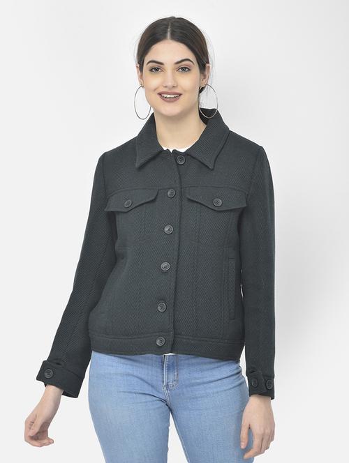 women teal solid shirt collar jacket - 18151947 - Standard Image - 0
