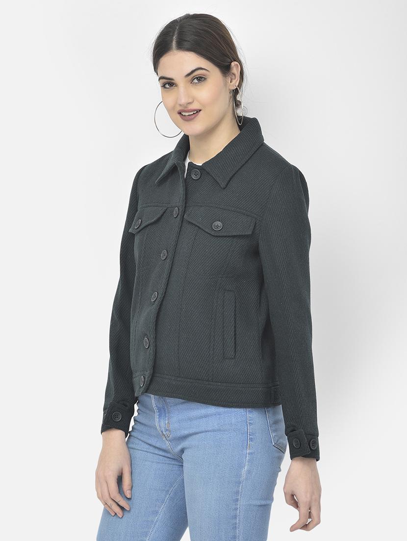 women teal solid shirt collar jacket - 18151947 - Standard Image - 1