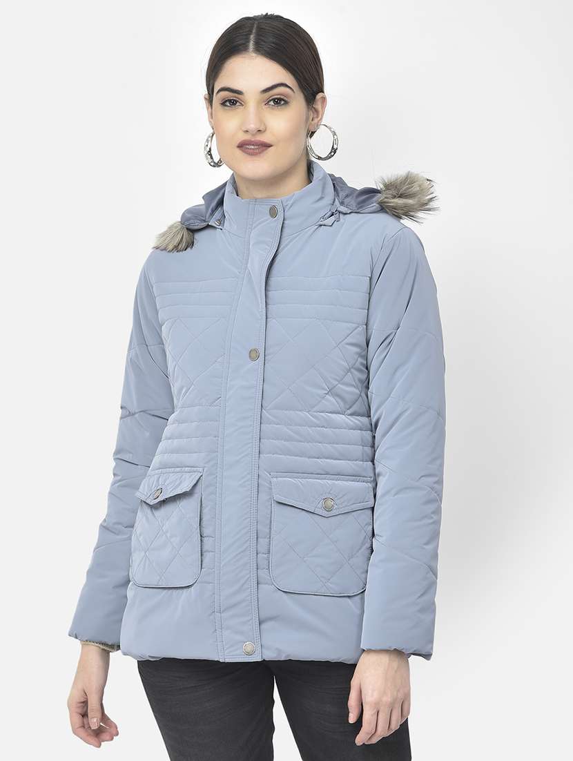 blue solid quilted & padded jacket