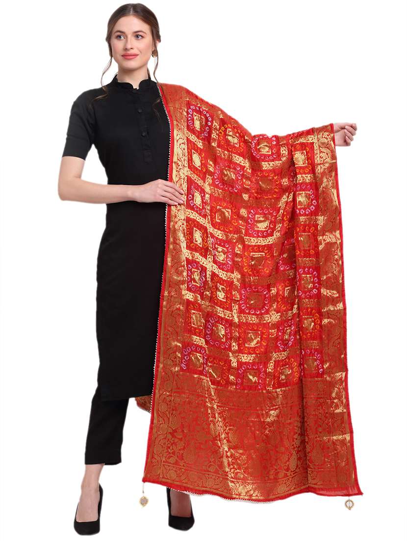 red bandhani print zari work dupatta