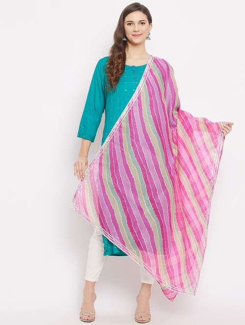 pink leheriya print gota work dupatta
