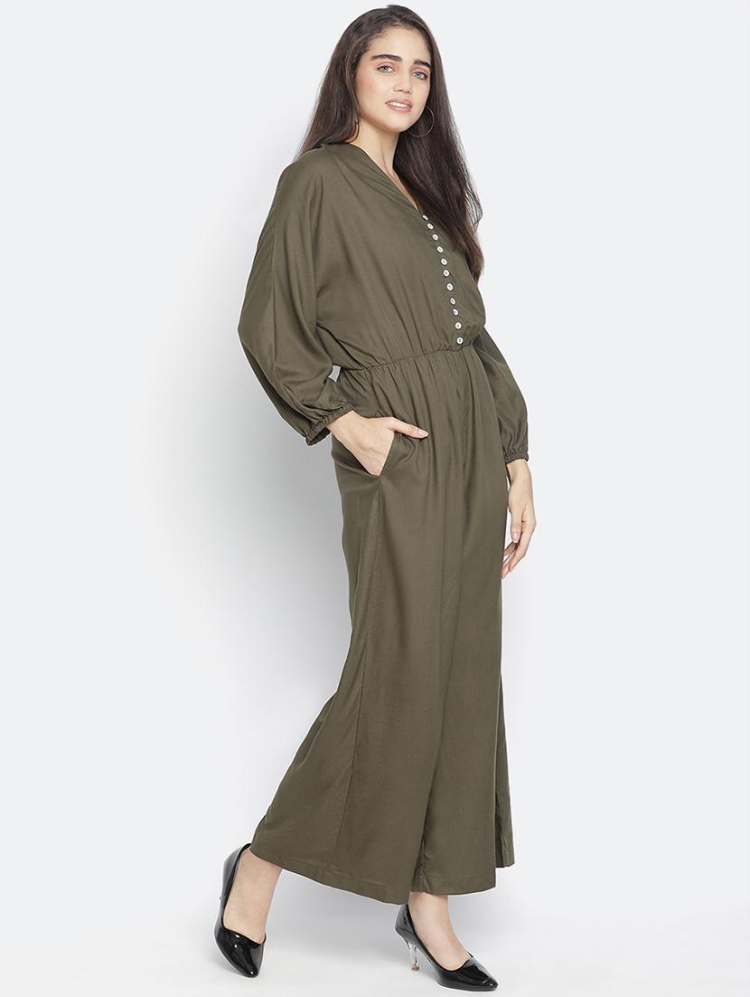 v neck solid full leg jumpsuit - 18164700 -  Standard Image - 1