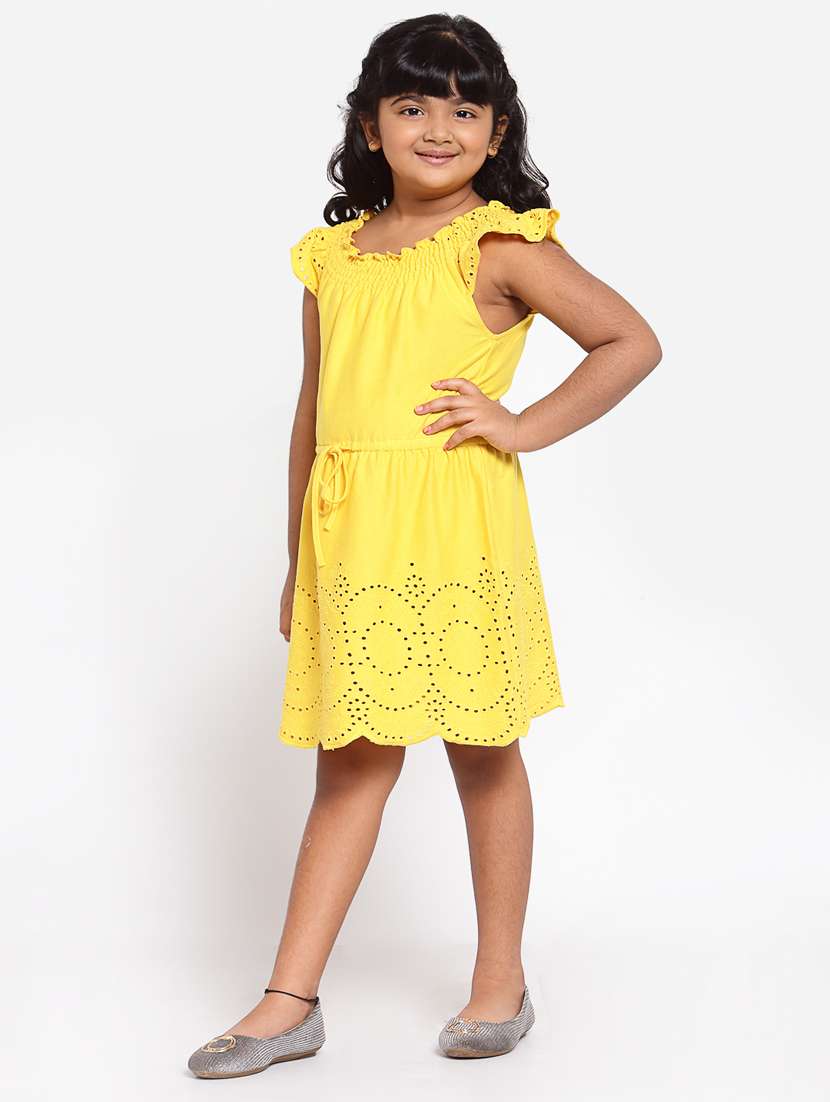 yellow solid schiffli frock - 18169099 - Standard Image - 1