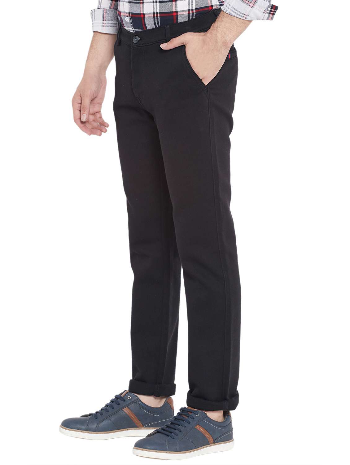 black cotton flat front casual trousers - 18170122 -  Standard Image - 1