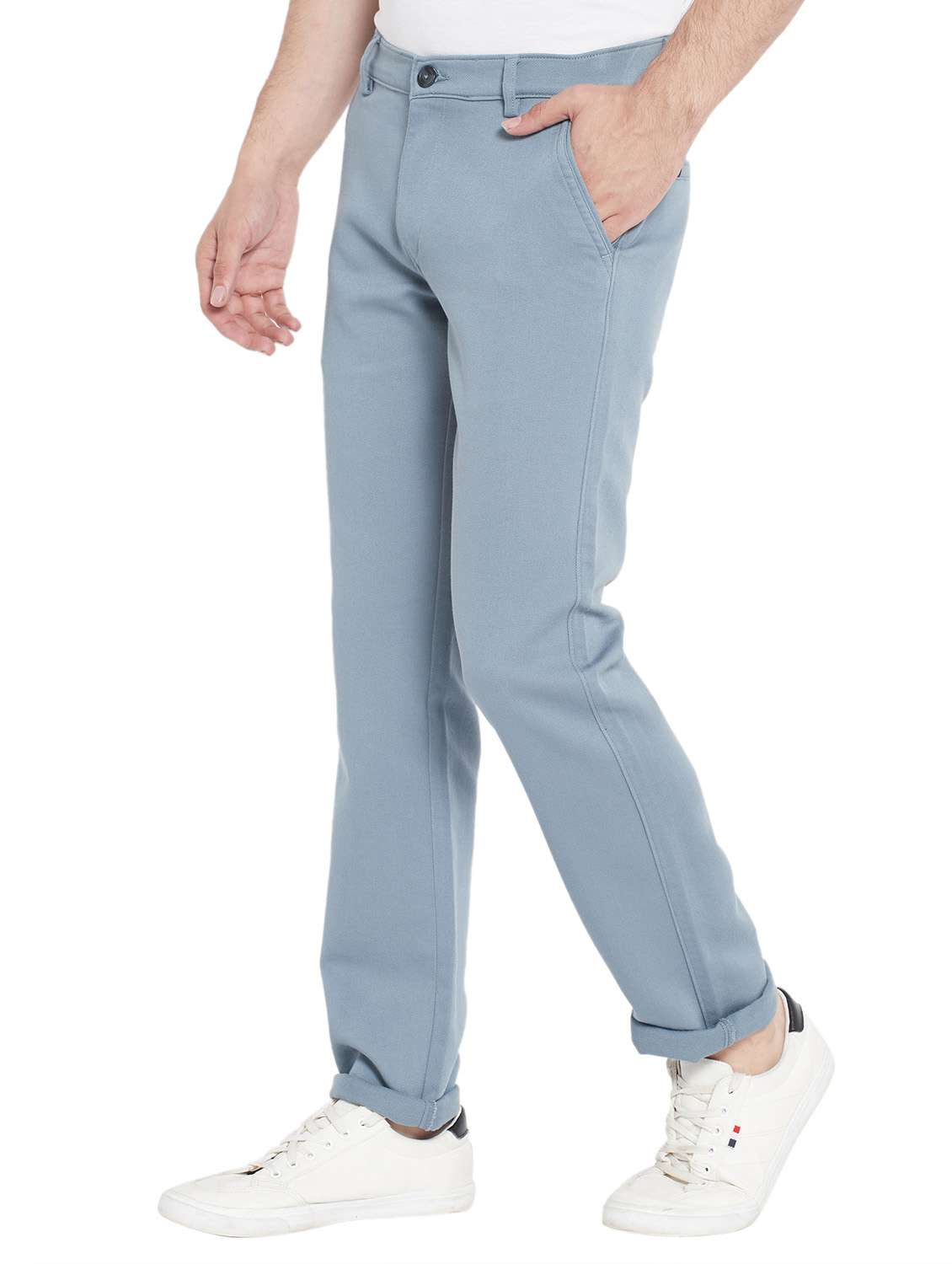 light blue cotton flat front casual trousers - 18170127 -  Standard Image - 1