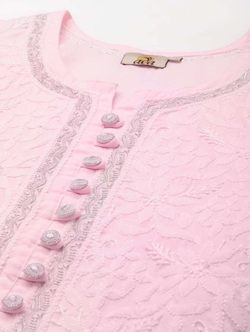 notch neck pink chikankari straight kurti - 18170317 - Standard Image - 4