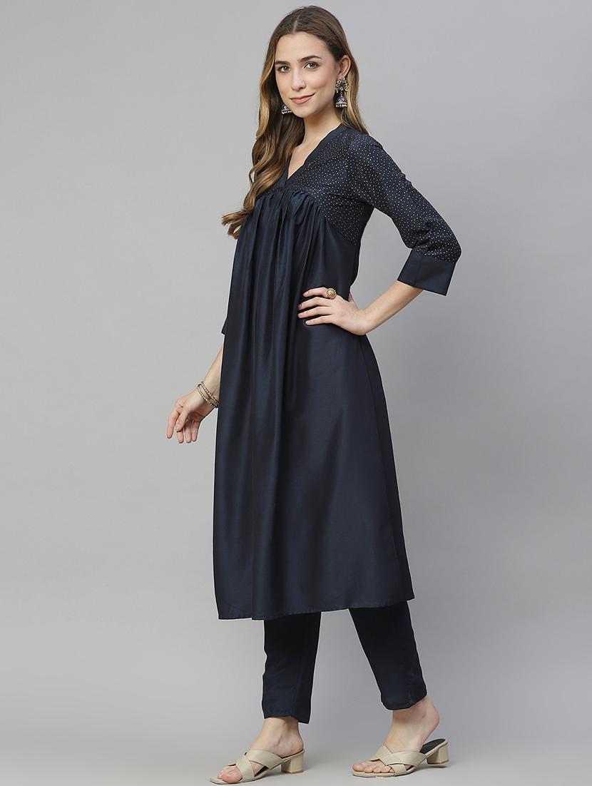 navy art silk kurta pant set - 18170458 - Standard Image - 1