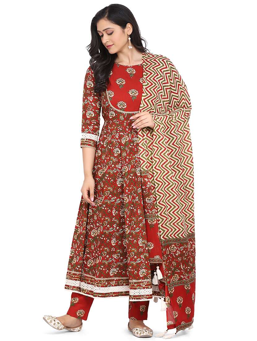 red cotton kurta dupatta  set