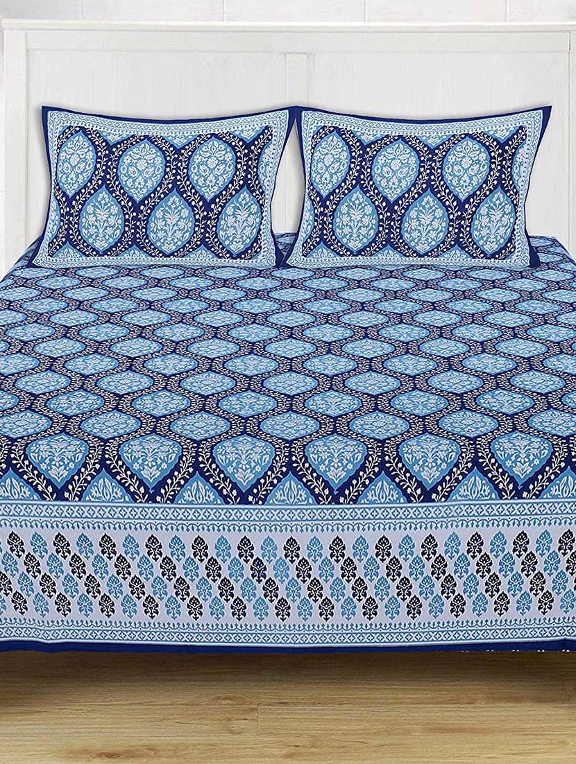 brask india tc 250 cotton floral print bedsheet with two pillow covers skp bd 380 (blue)