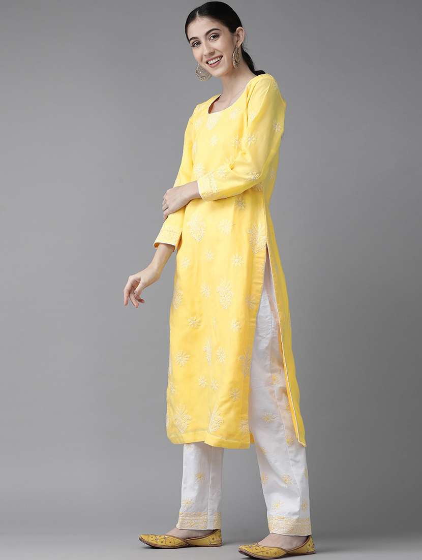 ada hand embroidered yellow/white cotton lucknowi chikankari unstitched suit piece	 - 18172879 -  Standard Image - 1
