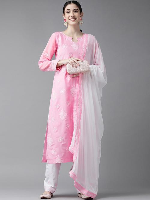ada hand embroidered pink/white cotton lucknowi chikankari unstitched suit piece	 - 18172880 -  Standard Image - 0