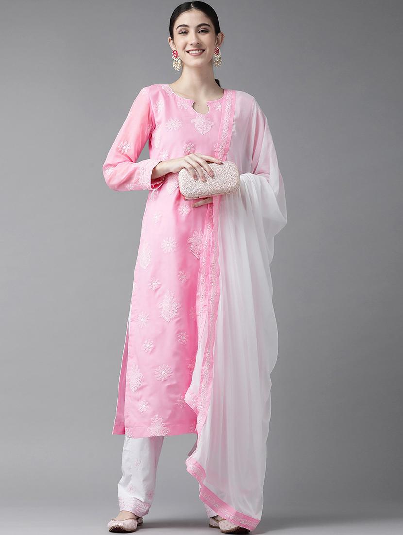 ada hand embroidered pink/white cotton lucknowi chikankari unstitched suit piece	 - 18172880 -  Zoom Image - 0