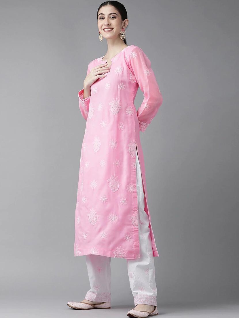 ada hand embroidered pink/white cotton lucknowi chikankari unstitched suit piece - 18172880 - Standard Image - 1