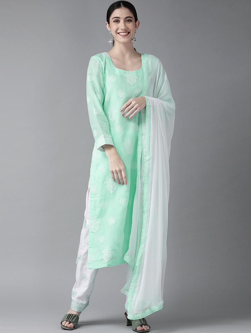 ada hand embroidered sea green cotton lucknowi chikankari unstitched suit piece	 - 18172881 -  Zoom Image - 0
