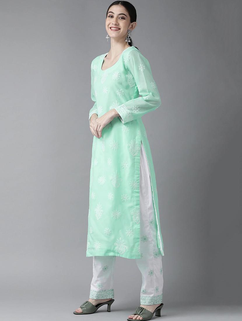 ada hand embroidered sea green cotton lucknowi chikankari unstitched suit piece - 18172881 - Standard Image - 1