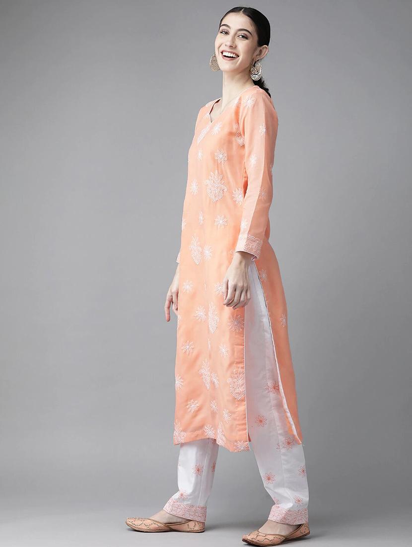 ada hand embroidered peach/white cotton lucknowi chikankari unstitched suit piece - 18172882 - Standard Image - 1