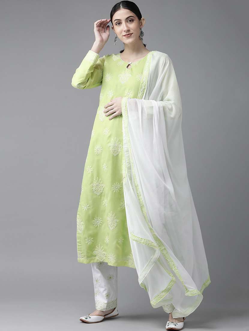 ada hand embroidered green/white cotton lucknowi chikankari unstitched suit piece	