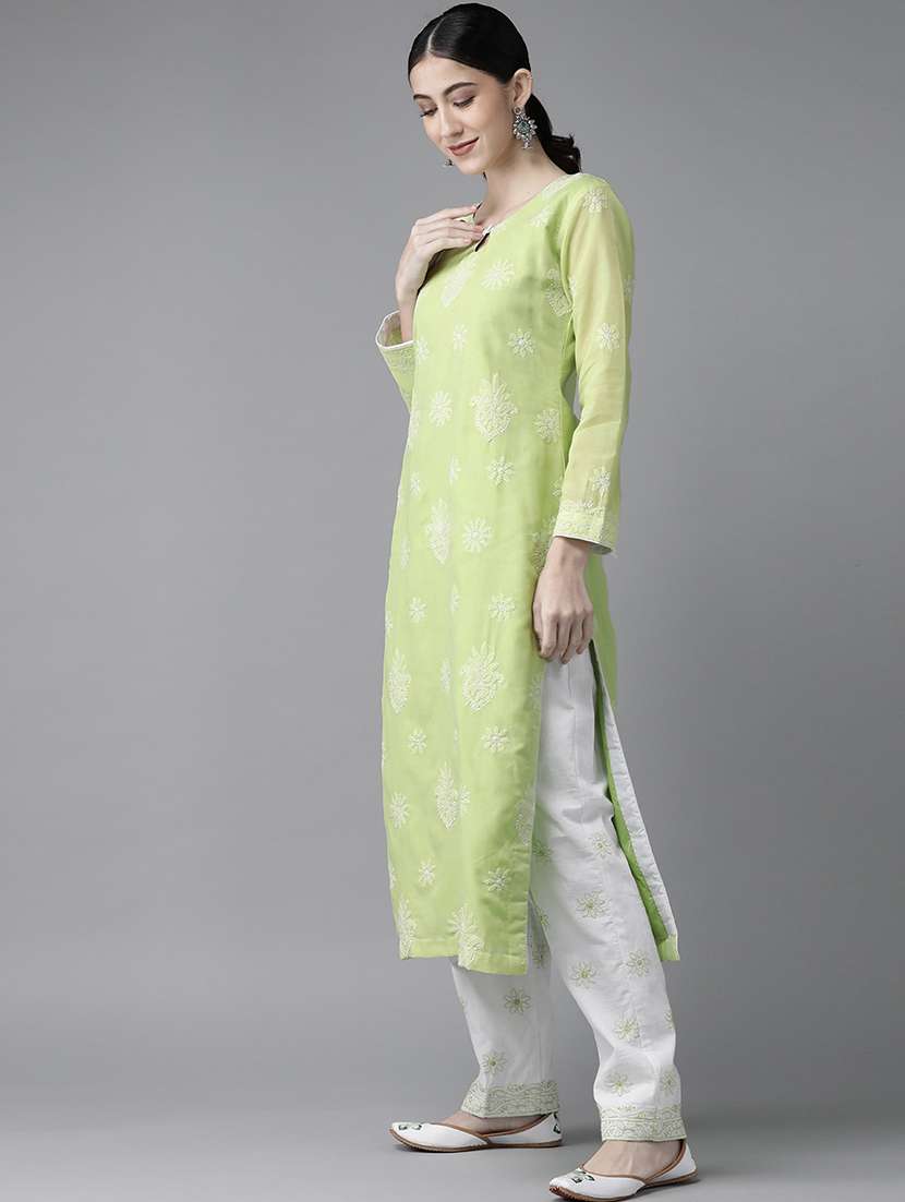 ada hand embroidered green/white cotton lucknowi chikankari unstitched suit piece	 - 18172883 -  Standard Image - 1