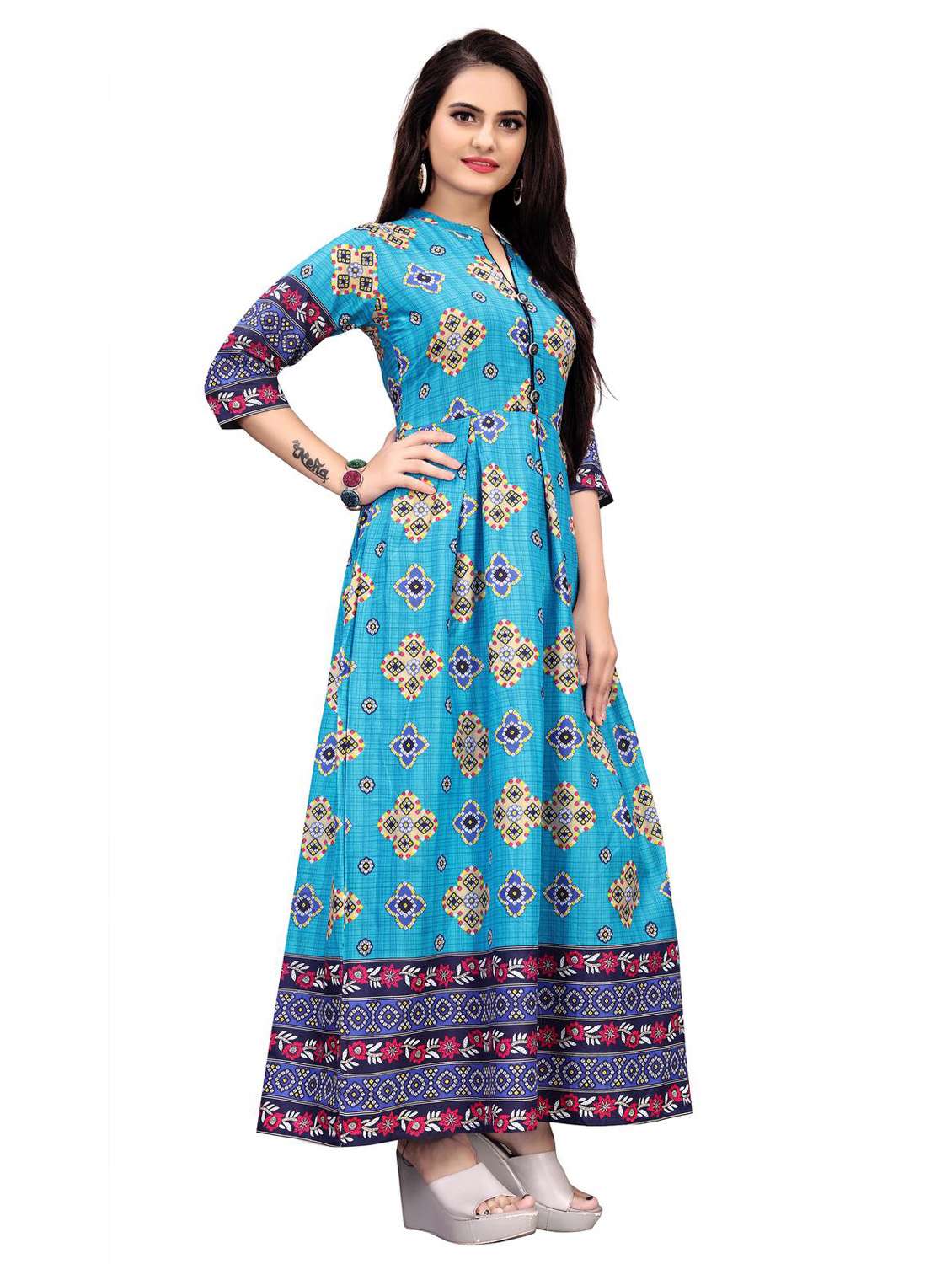 printed rayon fit & flare gown - 18176148 -  Standard Image - 1