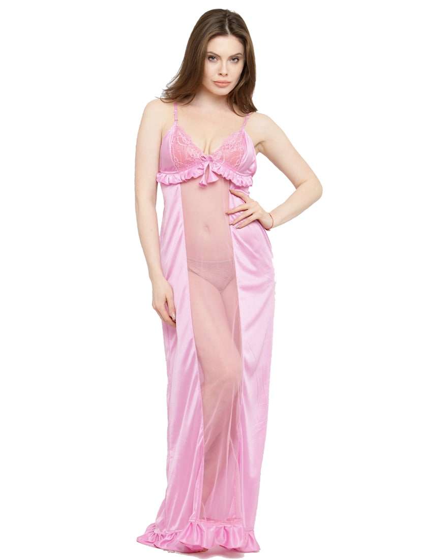 Buy online Cami Neck Transparent Pink Lace Detailed Nighty from