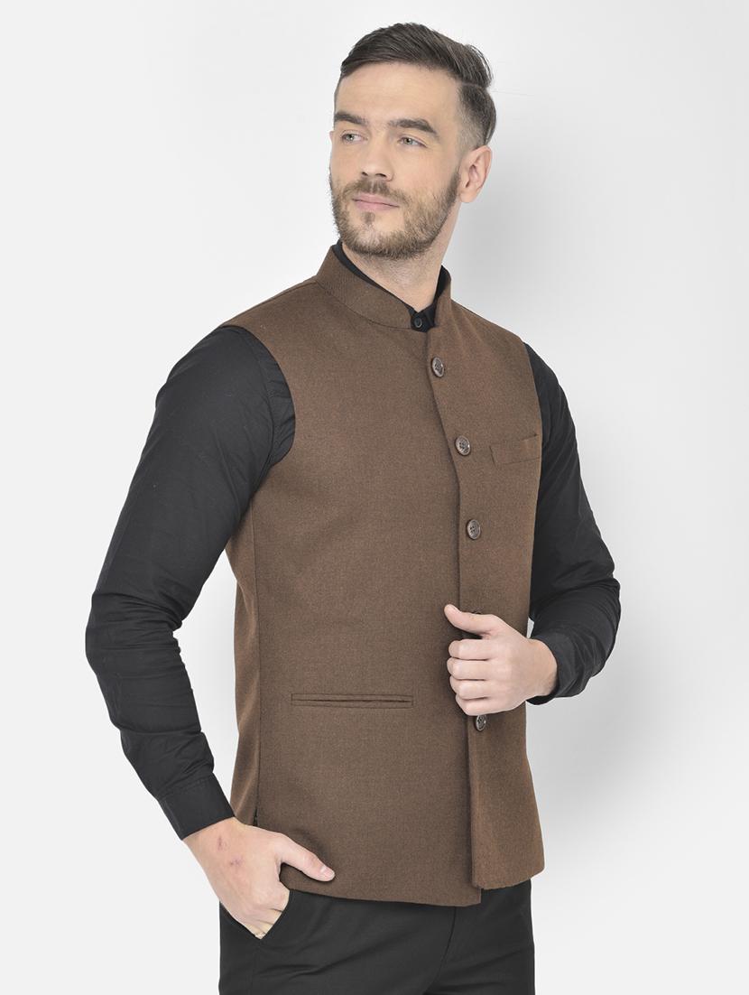 brown solid classic nehru jacket - 18178895 -  Standard Image - 1