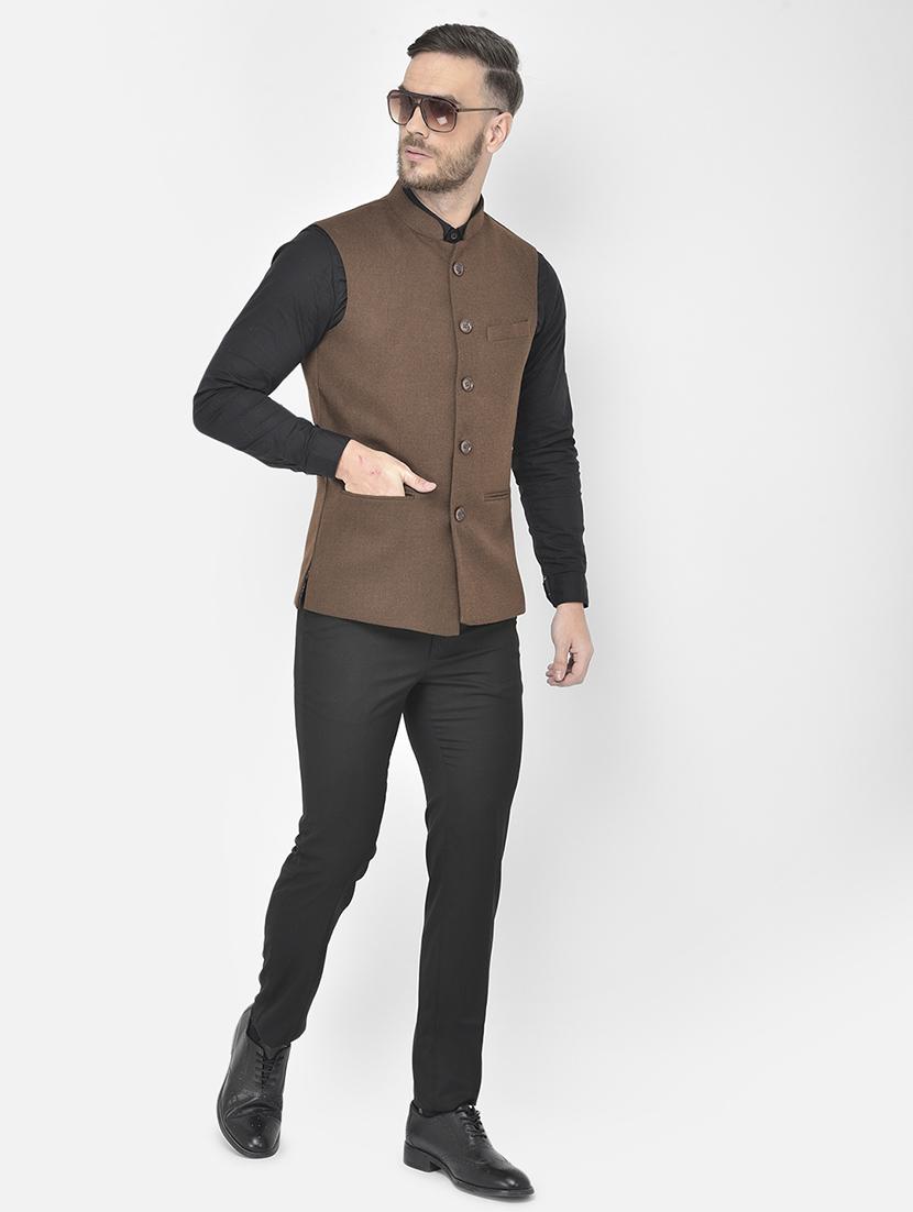 brown solid classic nehru jacket - 18178895 - Standard Image - 4