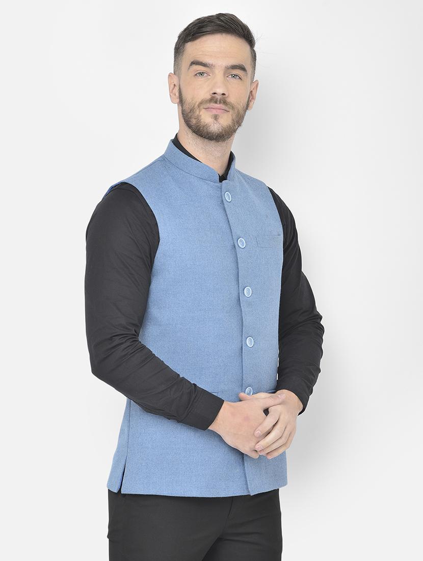 light blue solid classic nehru jacket - 18178899 -  Standard Image - 1