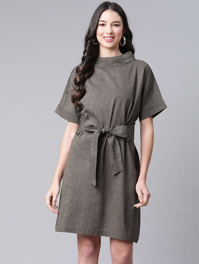 women's belted solid dress