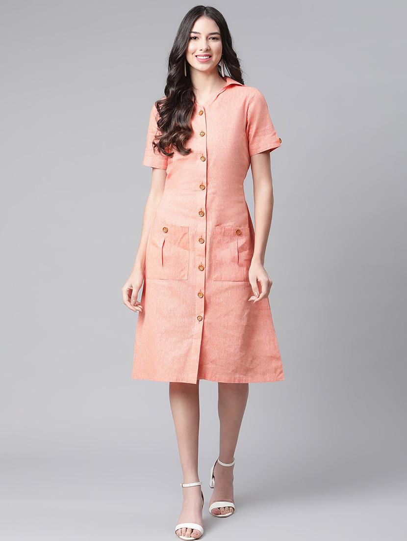 women peach solid shourt sleeve shirt dress - 18180198 - Zoom Image - 0