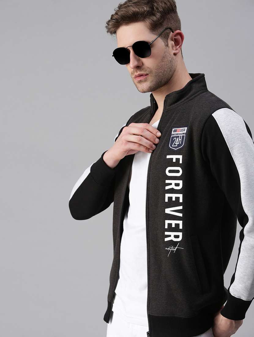 grey printed zip-up casual jacket - 18180689 -  Standard Image - 1