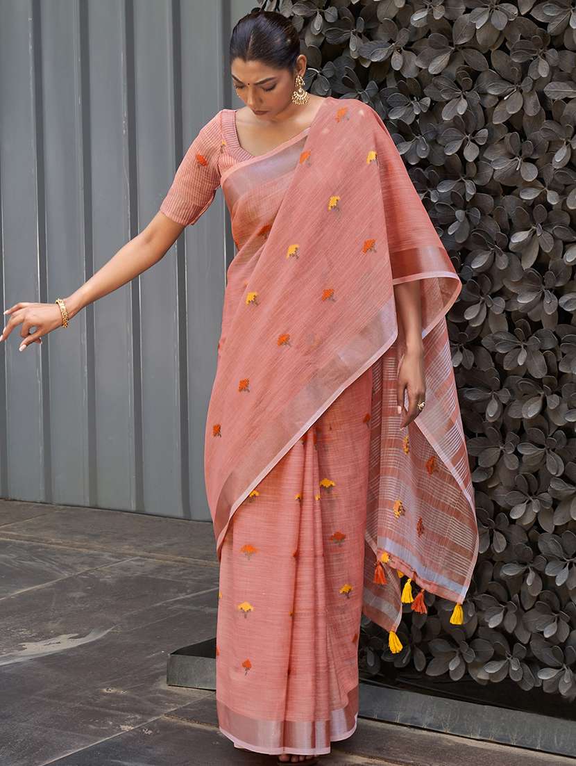 tassel detailed peach woven saree