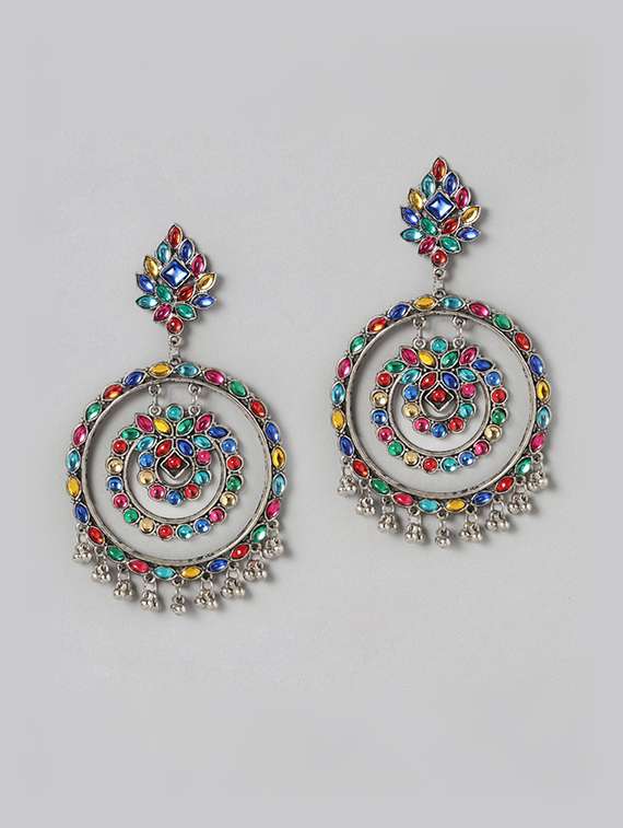 multi colored silver plated chandballi earring