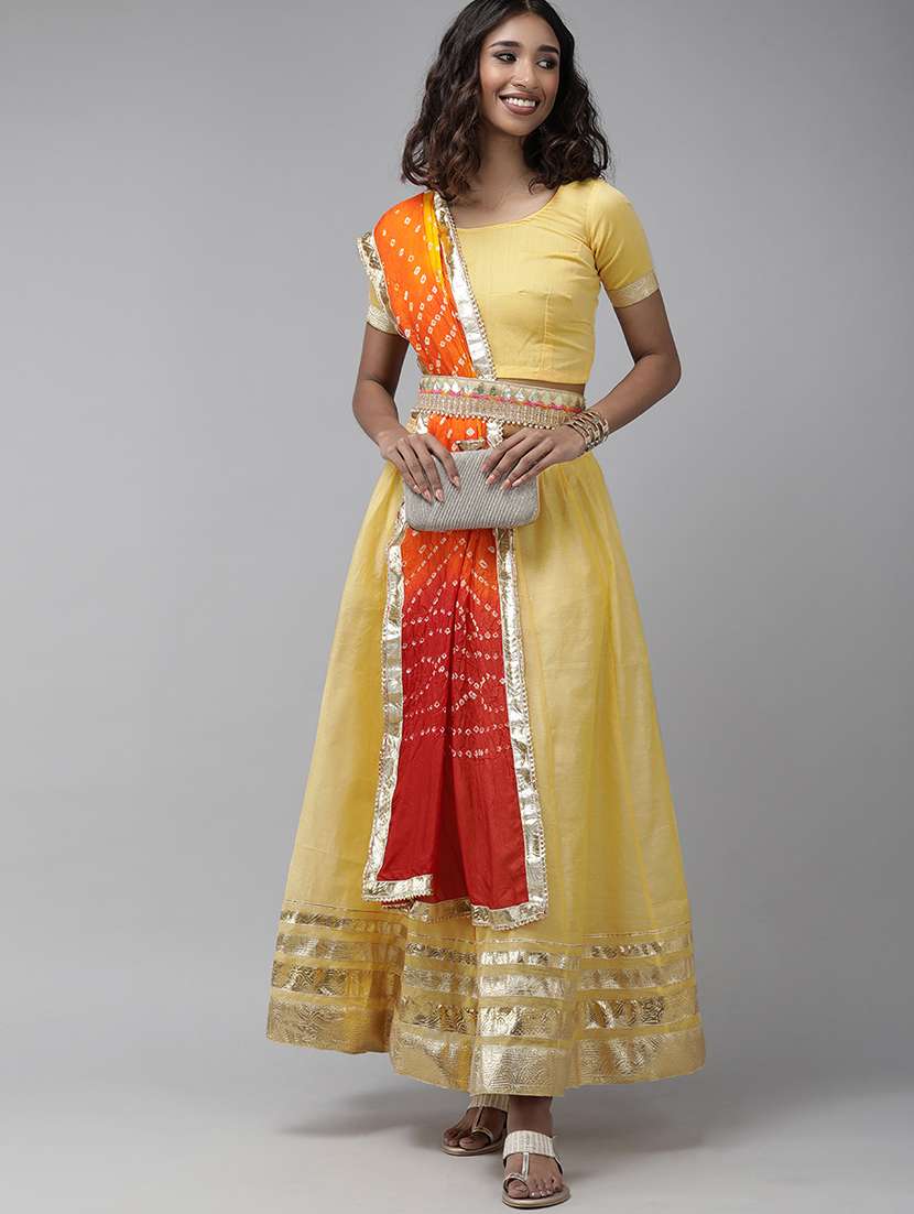 yellow chanderi flared lehenga - 18182316 -  Standard Image - 1