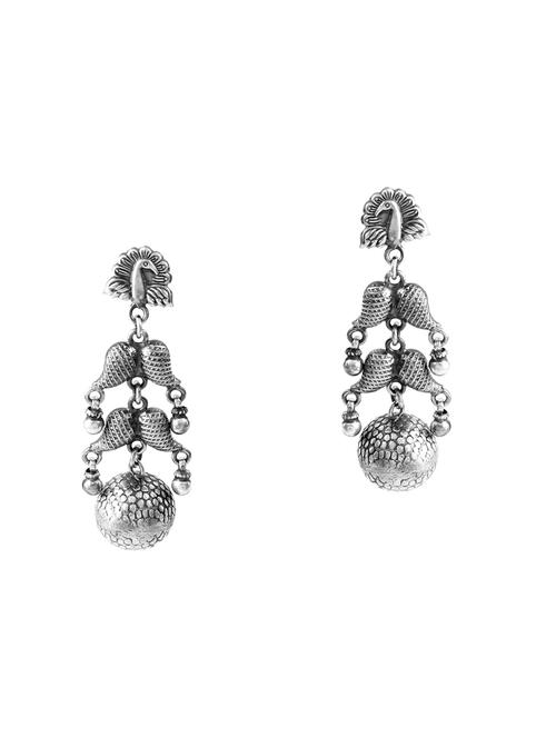 silver oxidized, peacock stud earrings with ghungroo - 18182591 -  Standard Image - 0