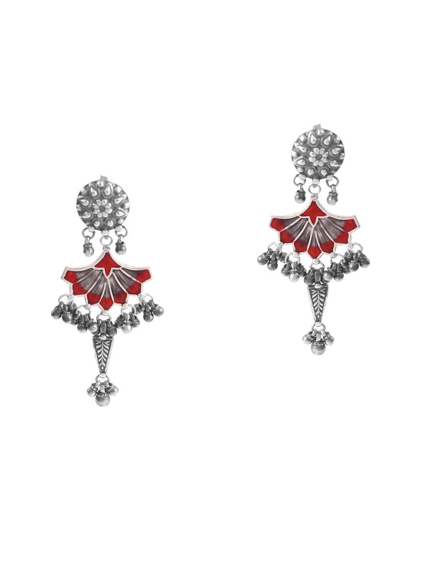 silver oxidized, unique red stud earrings with ghungroo - 18182597 -  Zoom Image - 0