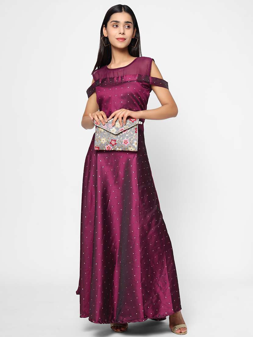 purple satin fit & flare gown