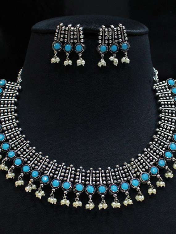 blue silver plated necklace earring set  - 18183320 -  Standard Image - 4