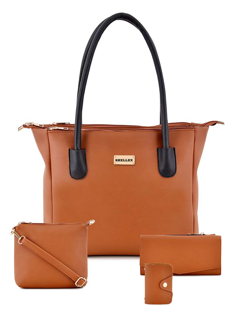 tan leatherette (pu) combo handbag
