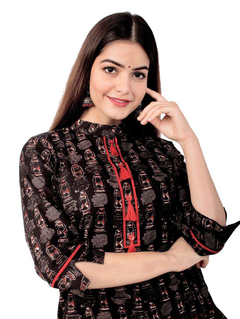 black cotton kurta skirt  set - 18185520 -  Standard Image - 1