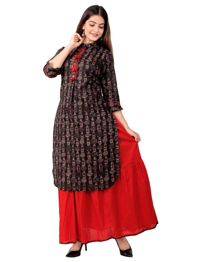 black cotton kurta skirt  set - 18185520 -  Standard Image - 4