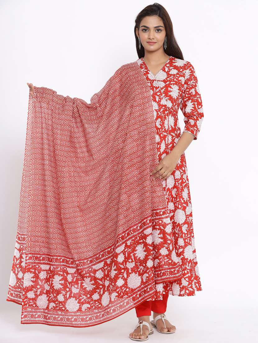 red cotton kurta dupatta  set