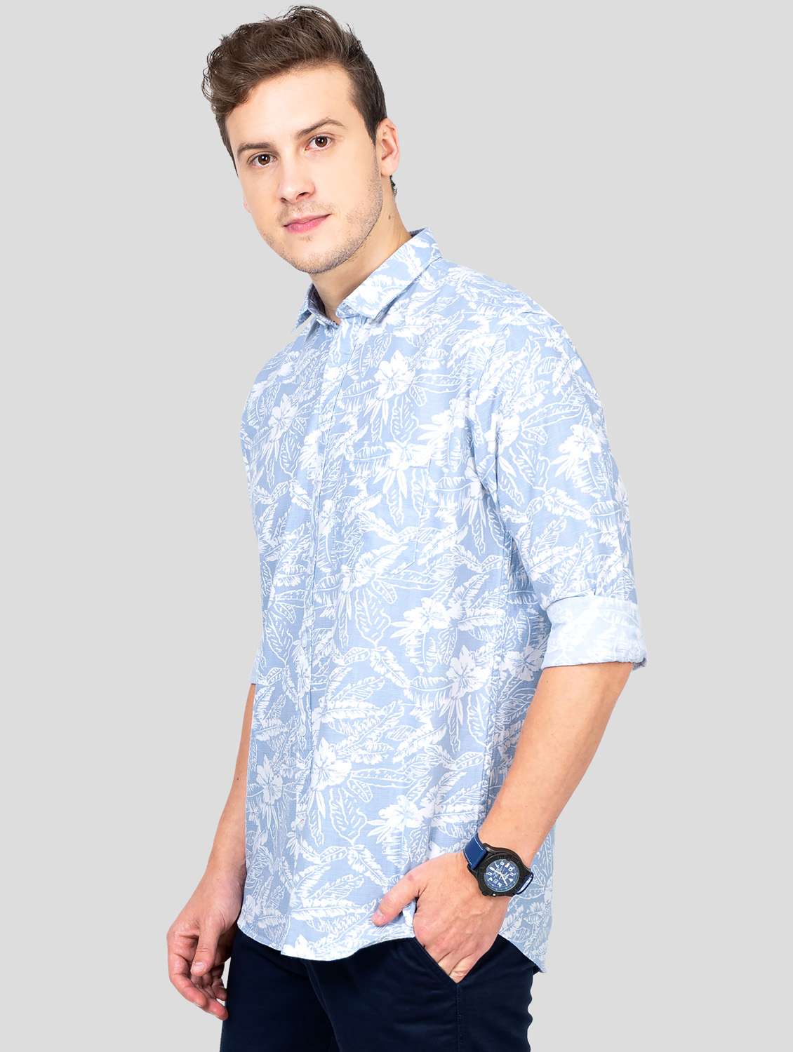 light-blue floral printed casual shirt - 18186545 - Standard Image - 1
