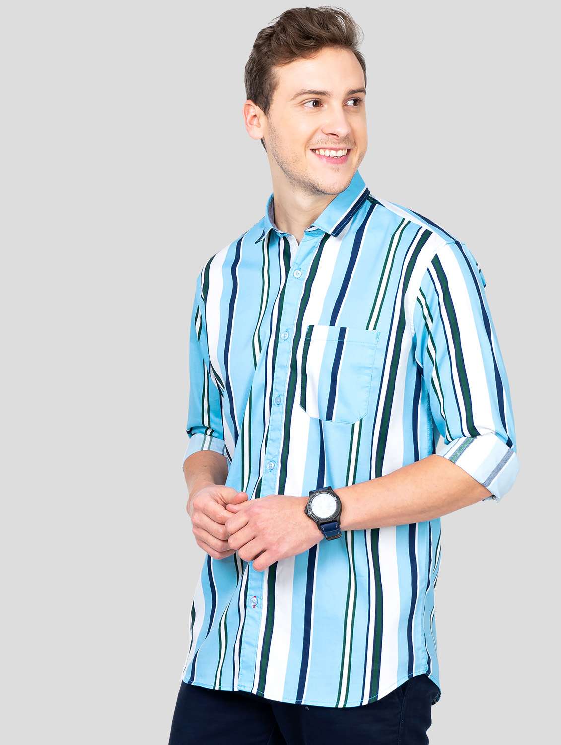 turquoise blue striped casual shirt - 18186554 - Standard Image - 1