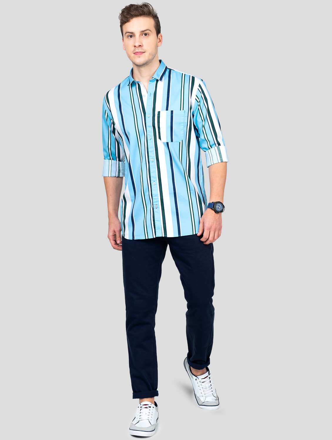 turquoise blue striped casual shirt - 18186554 - Standard Image - 4