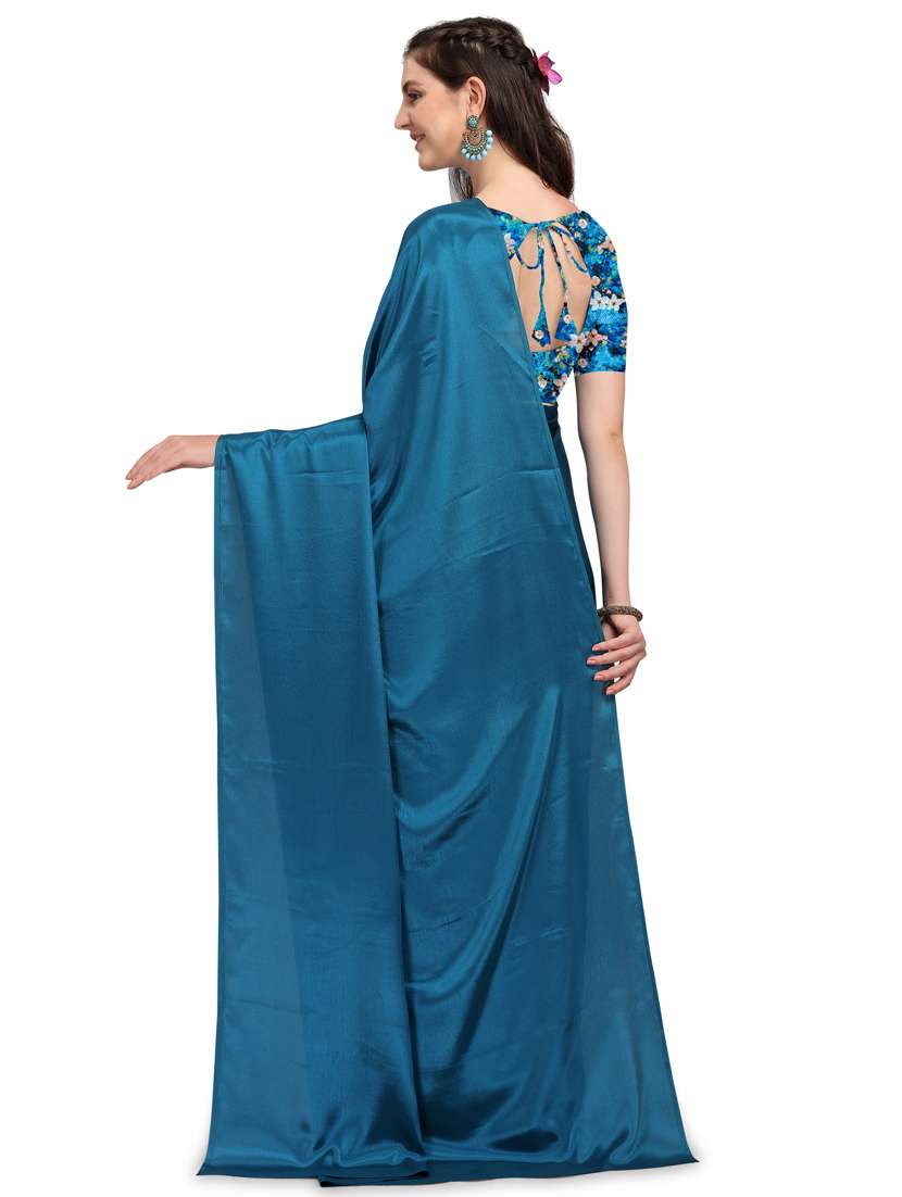teal plain saree - 18187095 -  Standard Image - 1