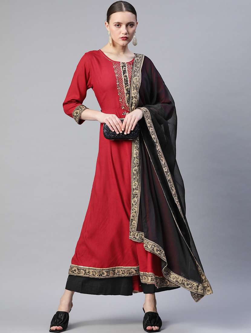 maroon solid a-line kurta and dupatta set