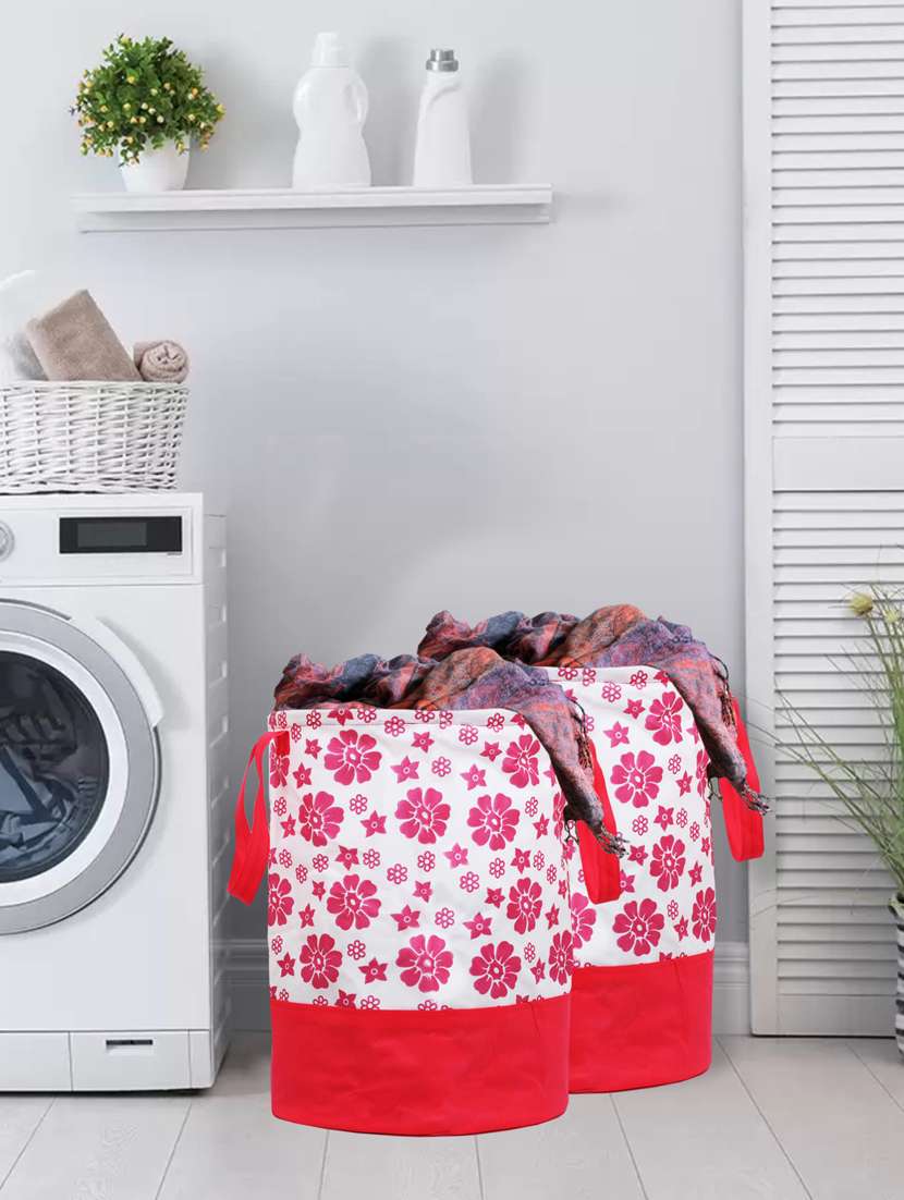 kuber industries flower printed 2 pieces waterproof cotton laundry bag,laundry basket 45 l (pink)